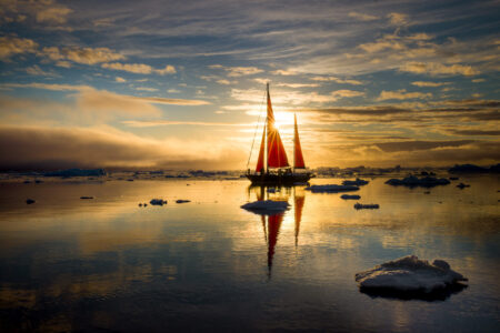 Sailing in the Midnight Sun Outside of Ilullisat, Greenland