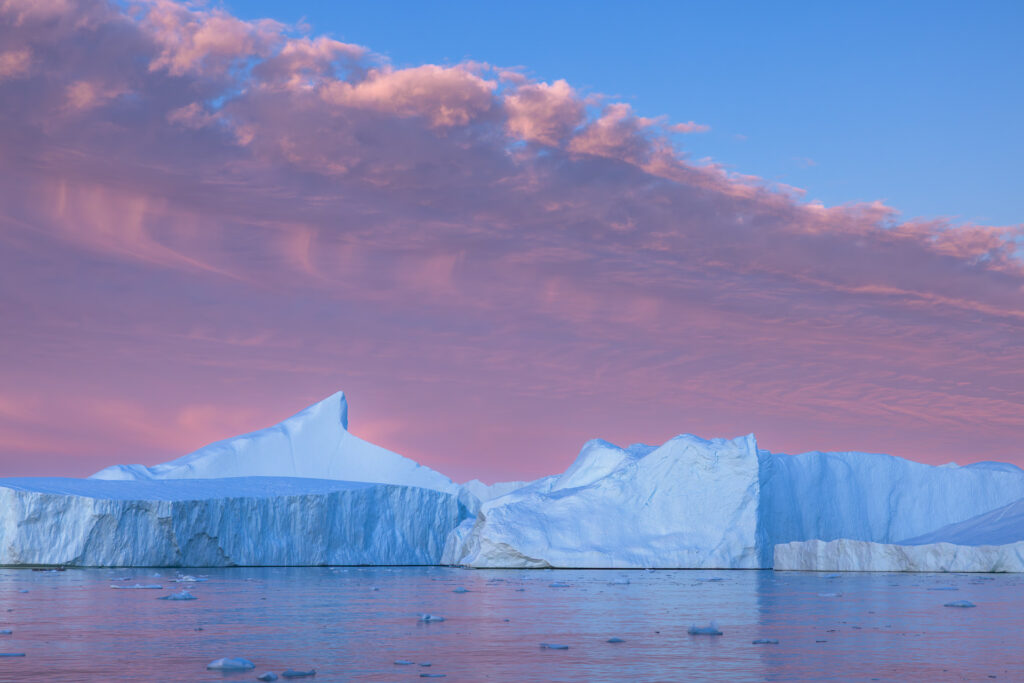 Icebergs Under Pink Skies