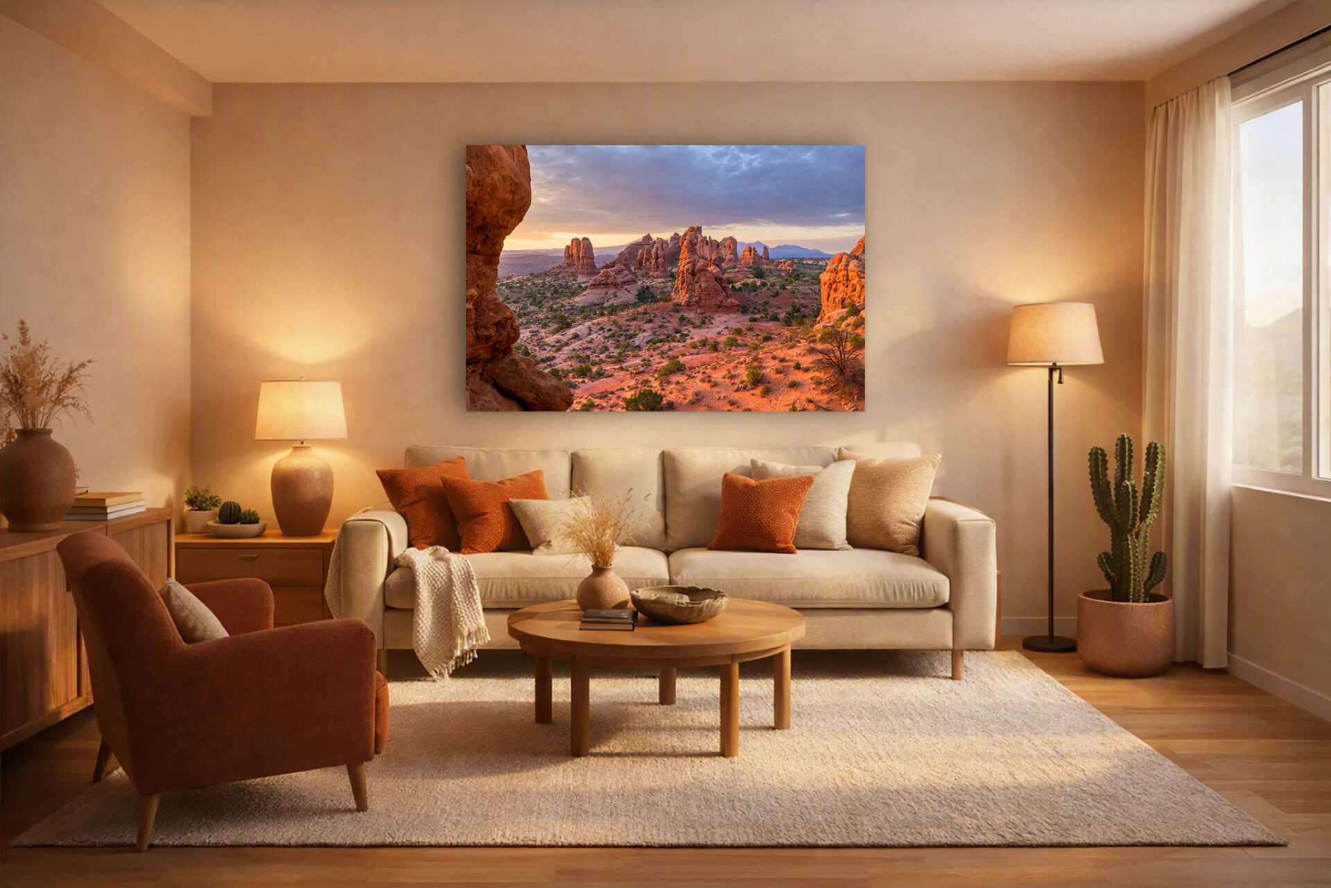A wall display of the print "Desert Towers Awakening" in a warm desert themed room.