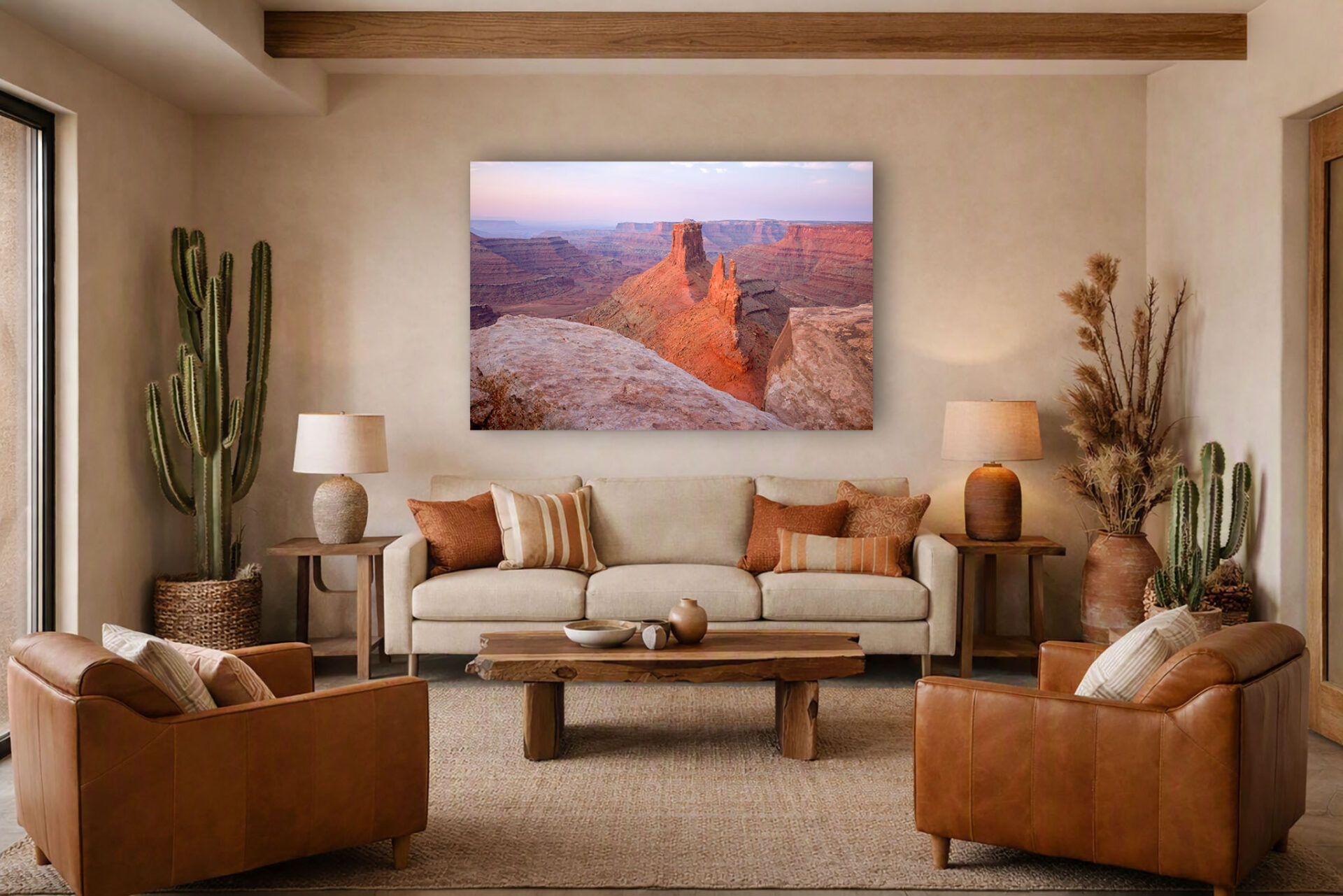 A wall display of the print "Morning Over Marlboro Point" in a warm desert themed room.