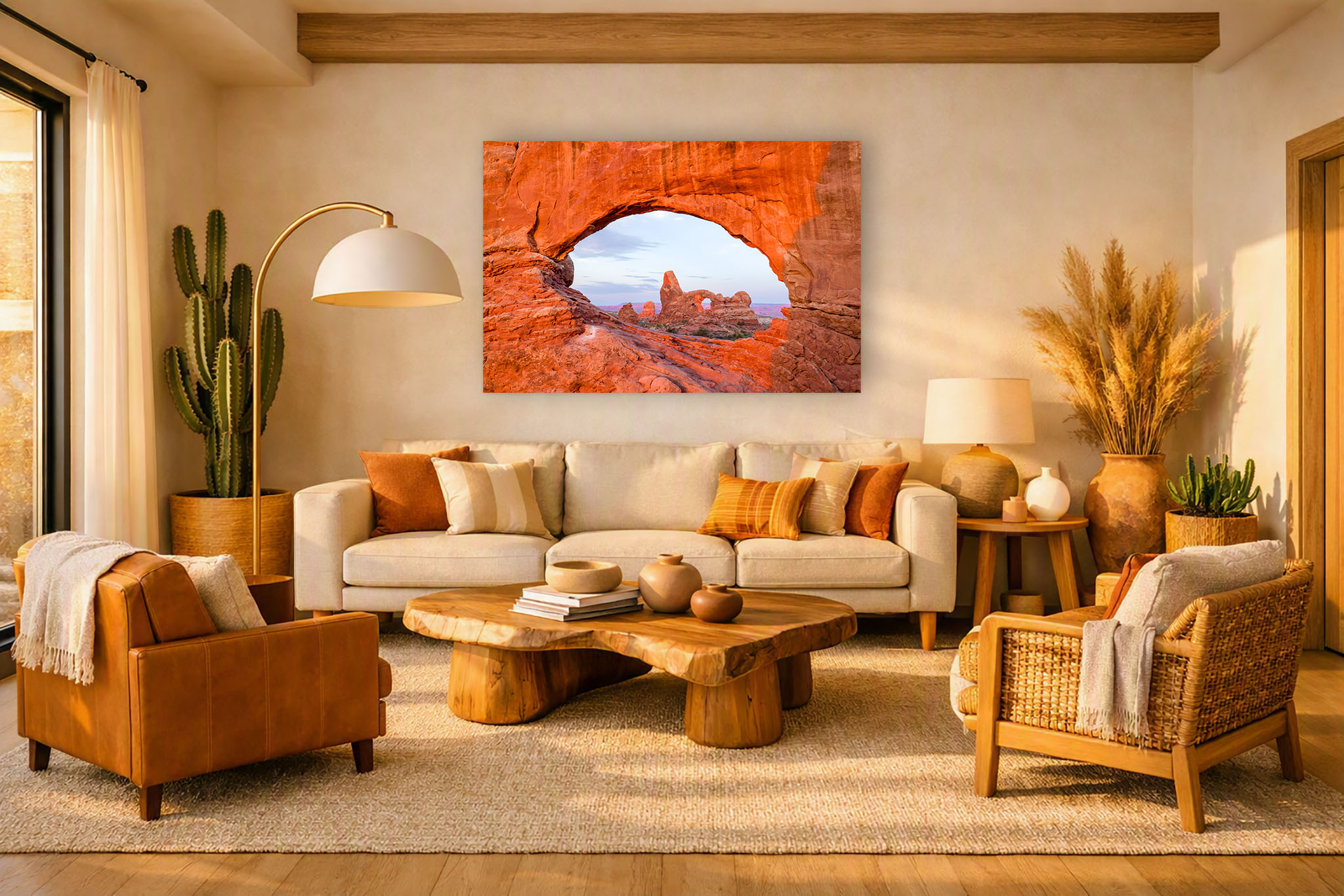 A wall display of the print "Turret Framed in Morning Light" in a warm desert themed room.